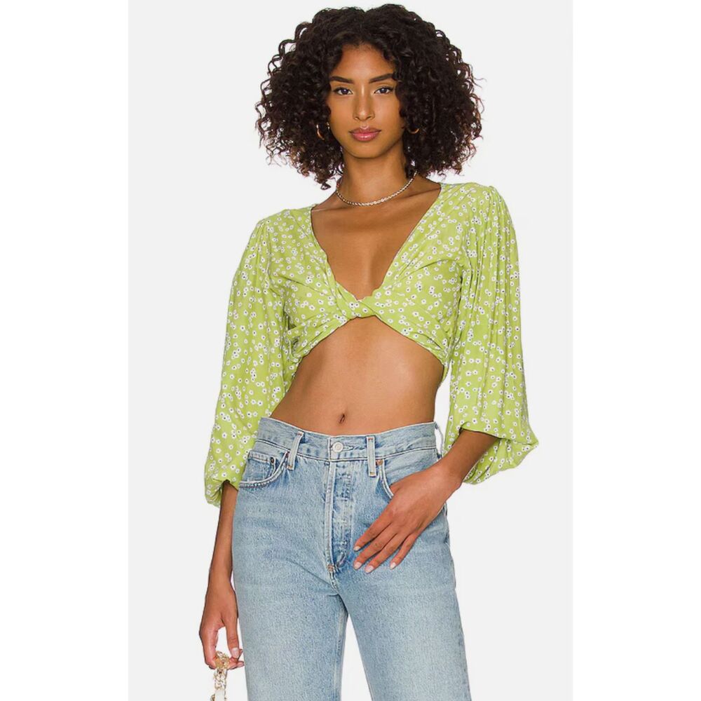 Faithfull the Brand Tianna Top Green Floral Cropped US Size 4